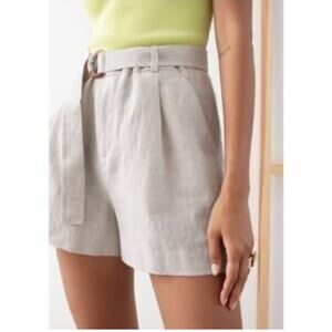 Elie Tahari Linen Blend Cream Pleated Shorts w Belt, Front Zipper Pocket 14